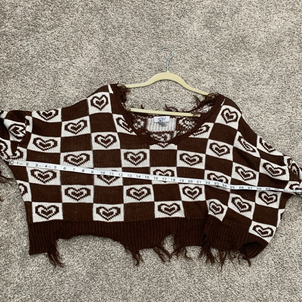 Just Polly Checkered Heart Graphics Distressed Oversized Slouchy Sweater - Picture 7 of 7